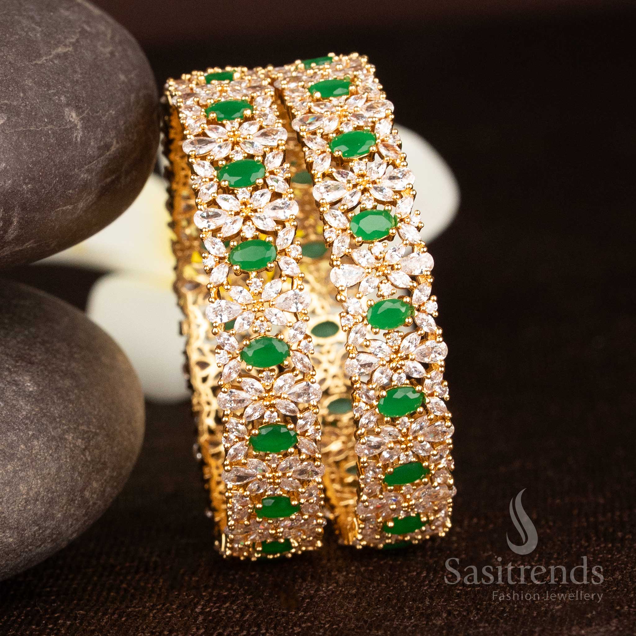 Majestic white green floral American diamond bangles with micro gold plating and exquisite oval stone craftsmanship - Sasitrends