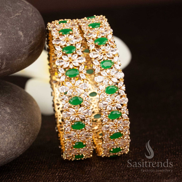 Majestic white green floral American diamond bangles with micro gold plating and exquisite oval stone craftsmanship - Sasitrends