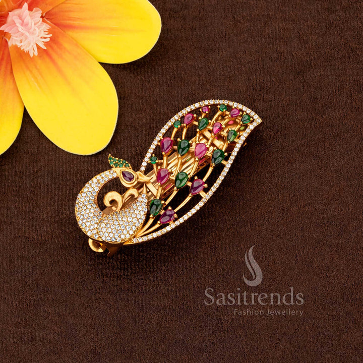 Spectacular multi colour matte gold plated hair clip with detailed peacock designs, ideal for grand events and traditional wear – Sasitrends