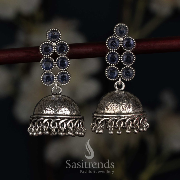 Elegant oxidised round stone jhumka earrings purple colour for traditional cultural functions Sasitrends