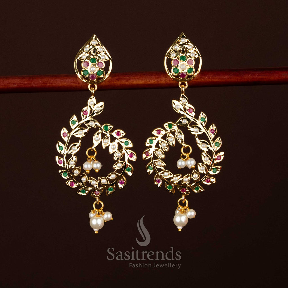 Regal pearl ruby green micro gold plated Punjabi Jadau teardrop stud with leaf wreath and pearl drops for celebration styling – Sasitrends