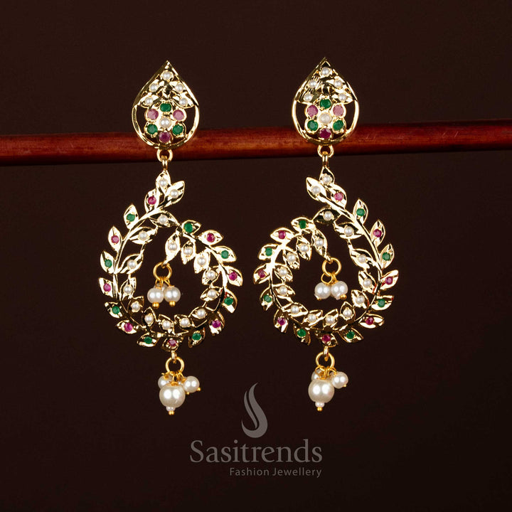 Regal pearl ruby green micro gold plated Punjabi Jadau teardrop stud with leaf wreath and pearl drops for celebration styling – Sasitrends