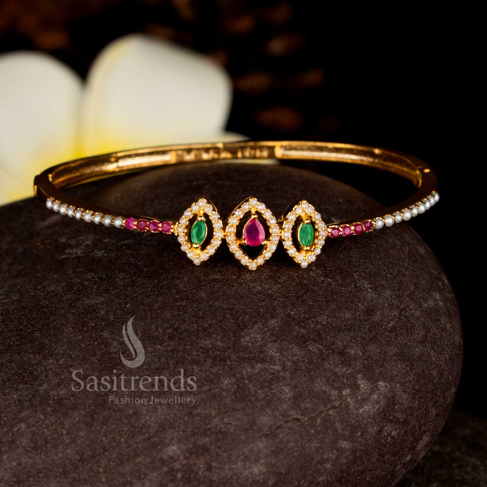 Regal pearl ruby green AD stone marquise oval openable bracelet bangle micro gold plated for festive glow – Sasitrends