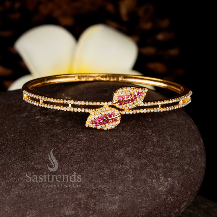 Regal pearl ruby leaf micro gold plated openable bracelet bangle designed for glamorous festive party styling – Sasitrends