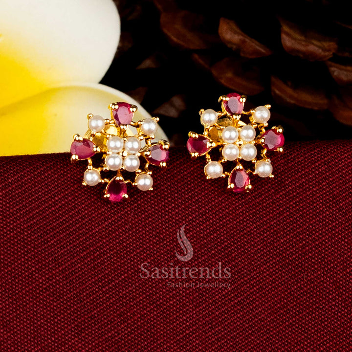 Celestial pearl ruby micro gold plated starburst floral pearl AD stone teardrop stud earrings for celebration occasions – Sasitrends