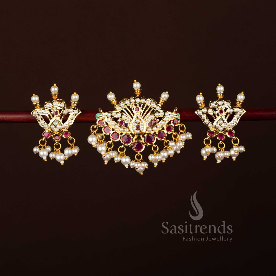 Opulent pearl ruby Punjabi Jadau peacock stud with lotus pendant pearl earrings micro gold plated for festive wedding styling – Sasitrends