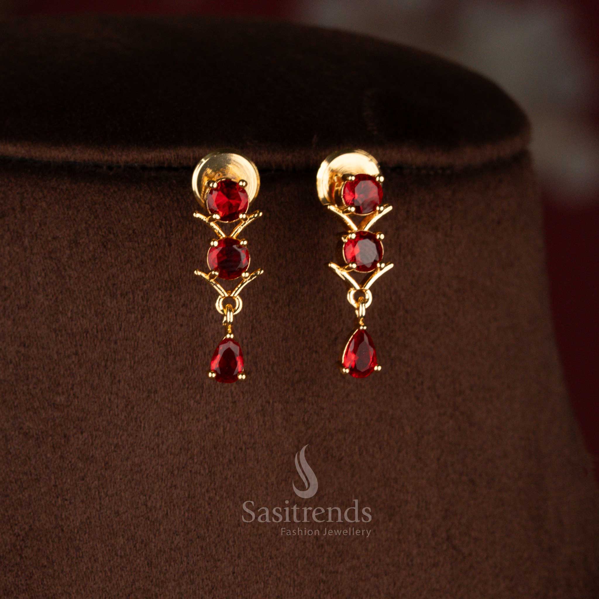 Charming red micro gold plated American diamond earrings with soft pearl accents perfect for festive gatherings and elegant celebrations – Sasitrends