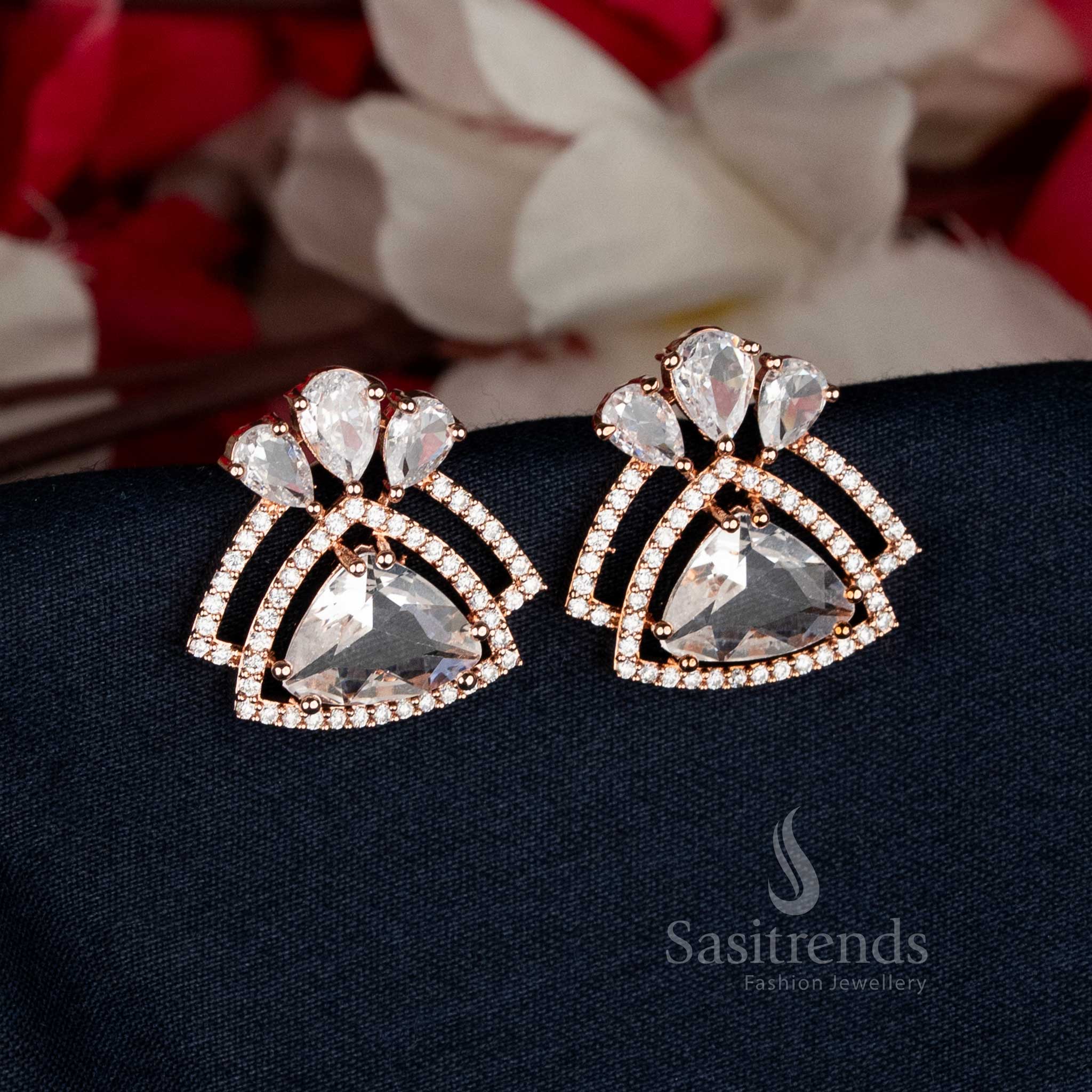 Gleaming Rose Gold Triangular Stud Earrings with white stone accents, ideal for festive occasions and cocktail events, adding a touch of sophistication — Sasitrends