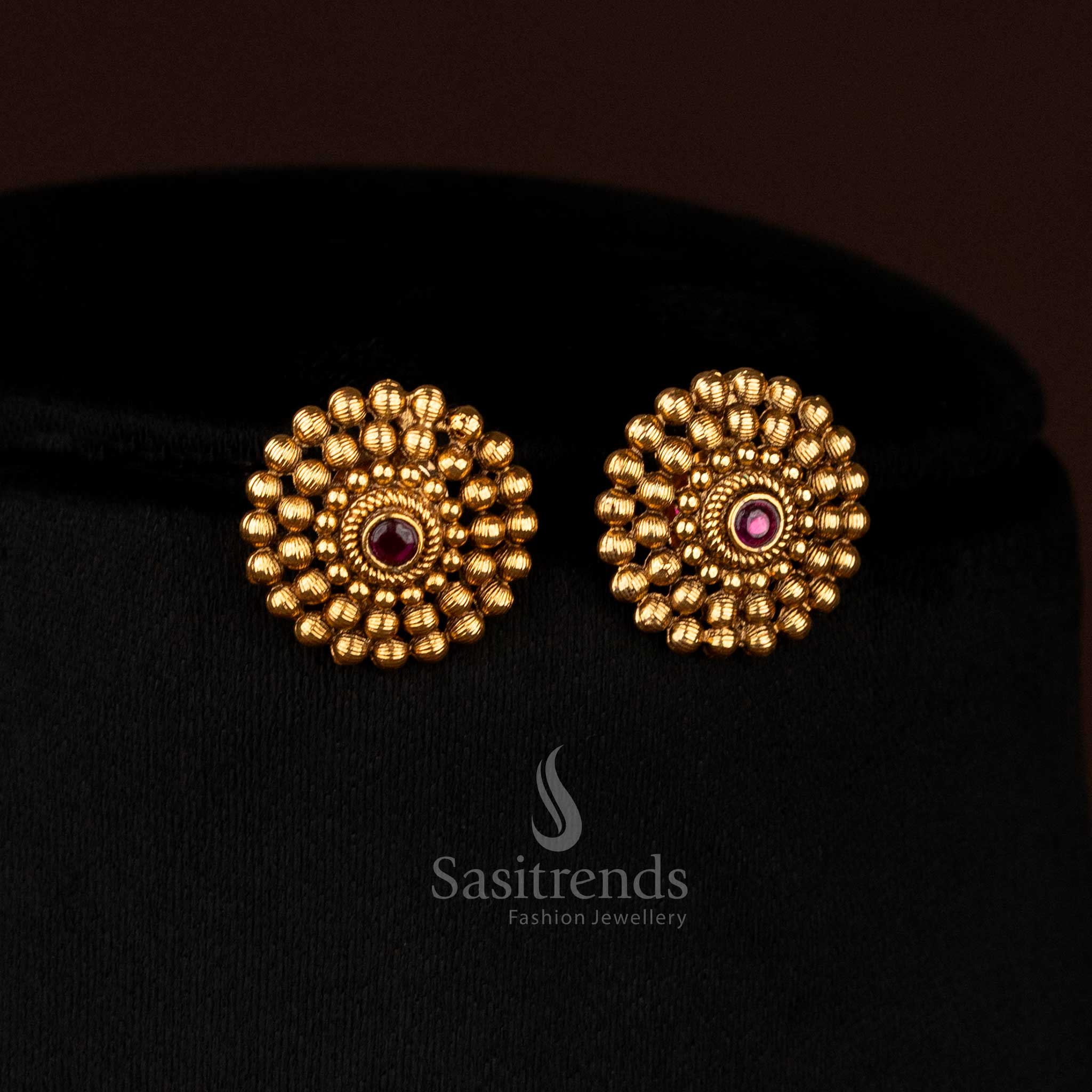 Glimmering ruby matte gold plated temple round floral earrings with AD stones, perfect to wear for festive events and celebratory gatherings – Sasitrends