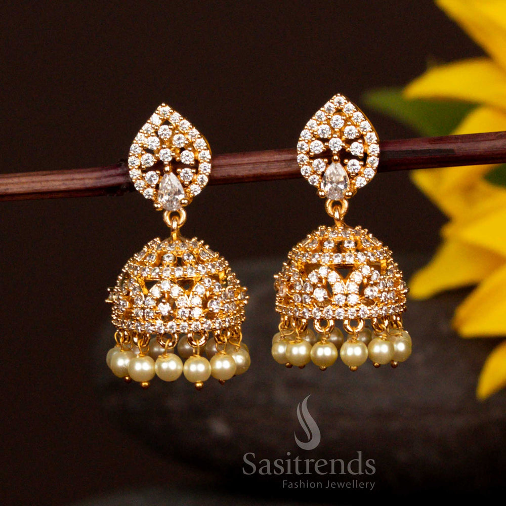 Sophisticated White Stone American Diamond Jhumka Earrings With Micro Gold Coating And Pearl Hangings In Cut-Out Style Jewellery - Sasitrends

