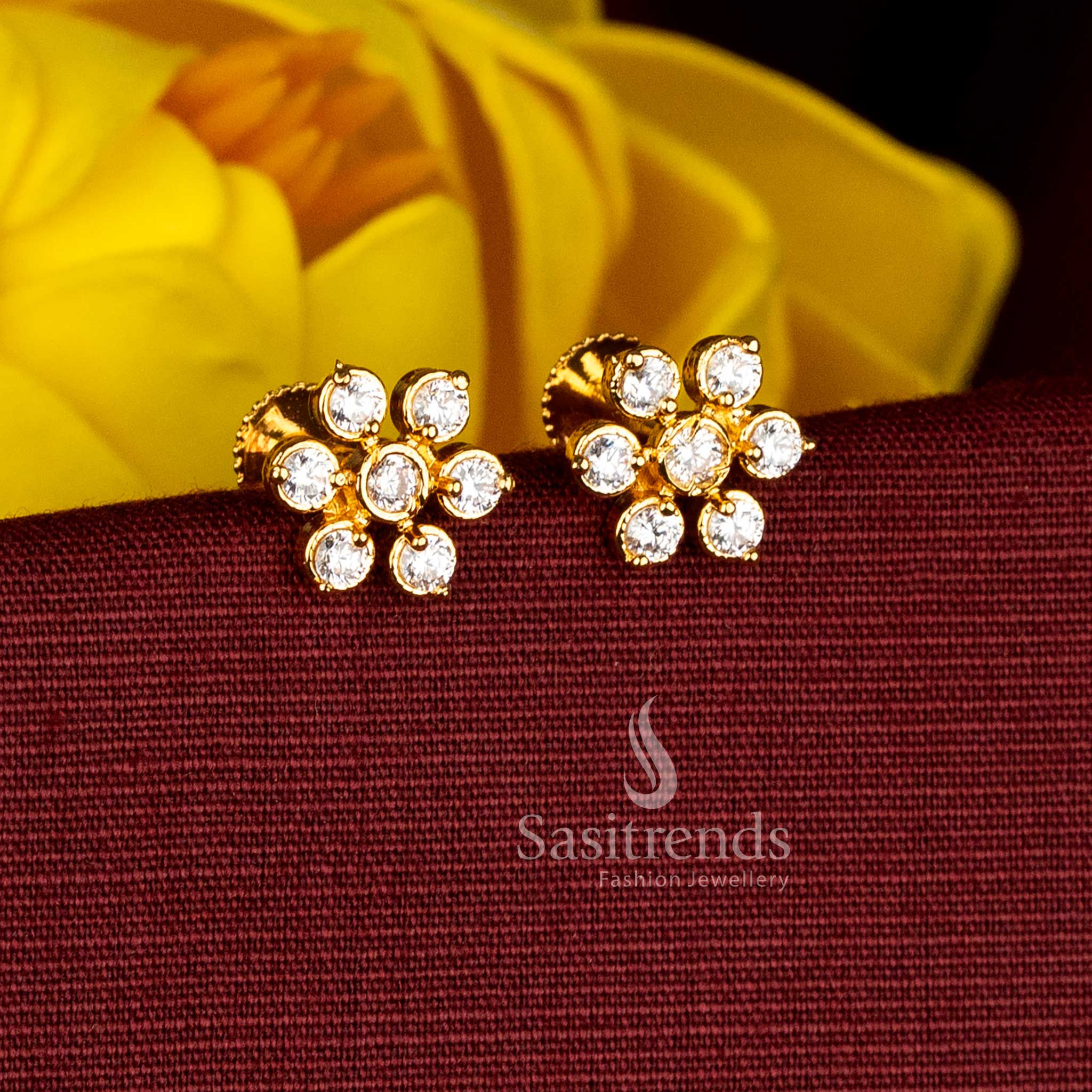 Elegant white micro gold plated AD floral round stud earrings perfect for wedding celebrations, festive gatherings, and temple occasions - Sasitrends