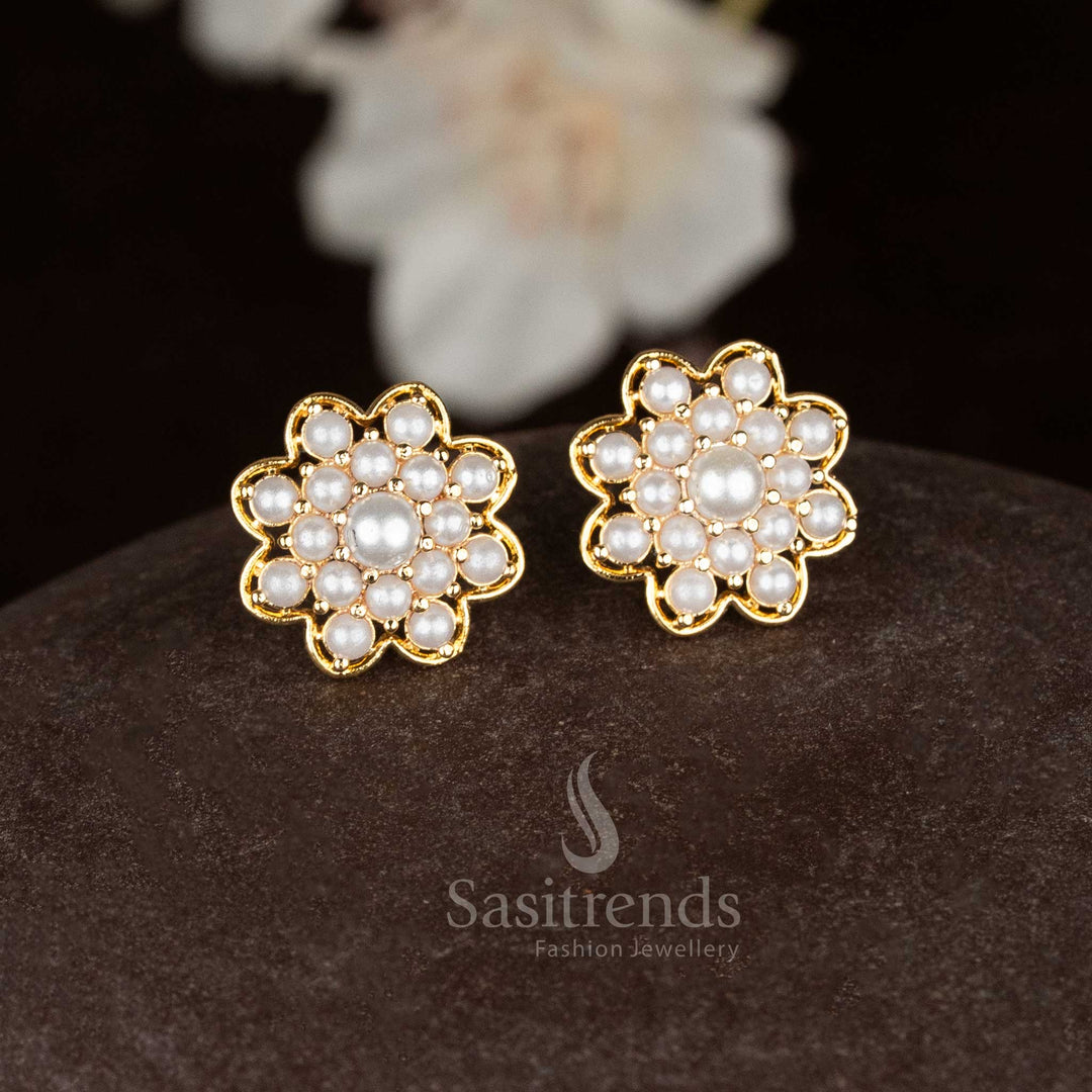 Twinkling micro gold floral earrings with pearl adornments perfect for wedding and ethnic occasions - Sasitrends