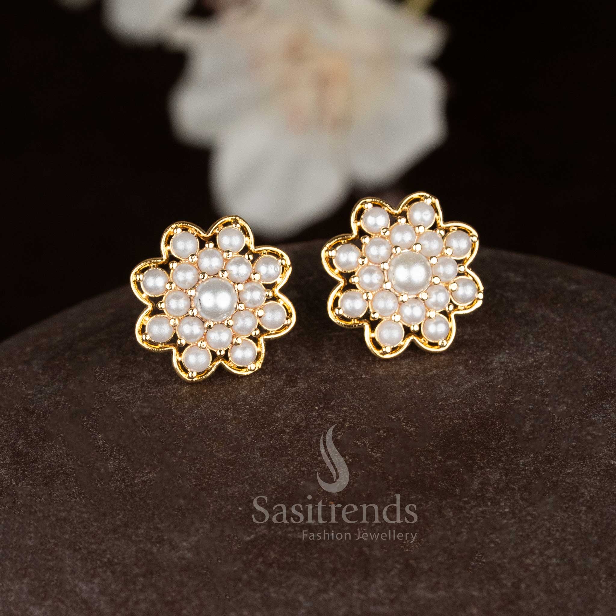 Twinkling micro gold floral earrings with pearl adornments perfect for wedding and ethnic occasions - Sasitrends