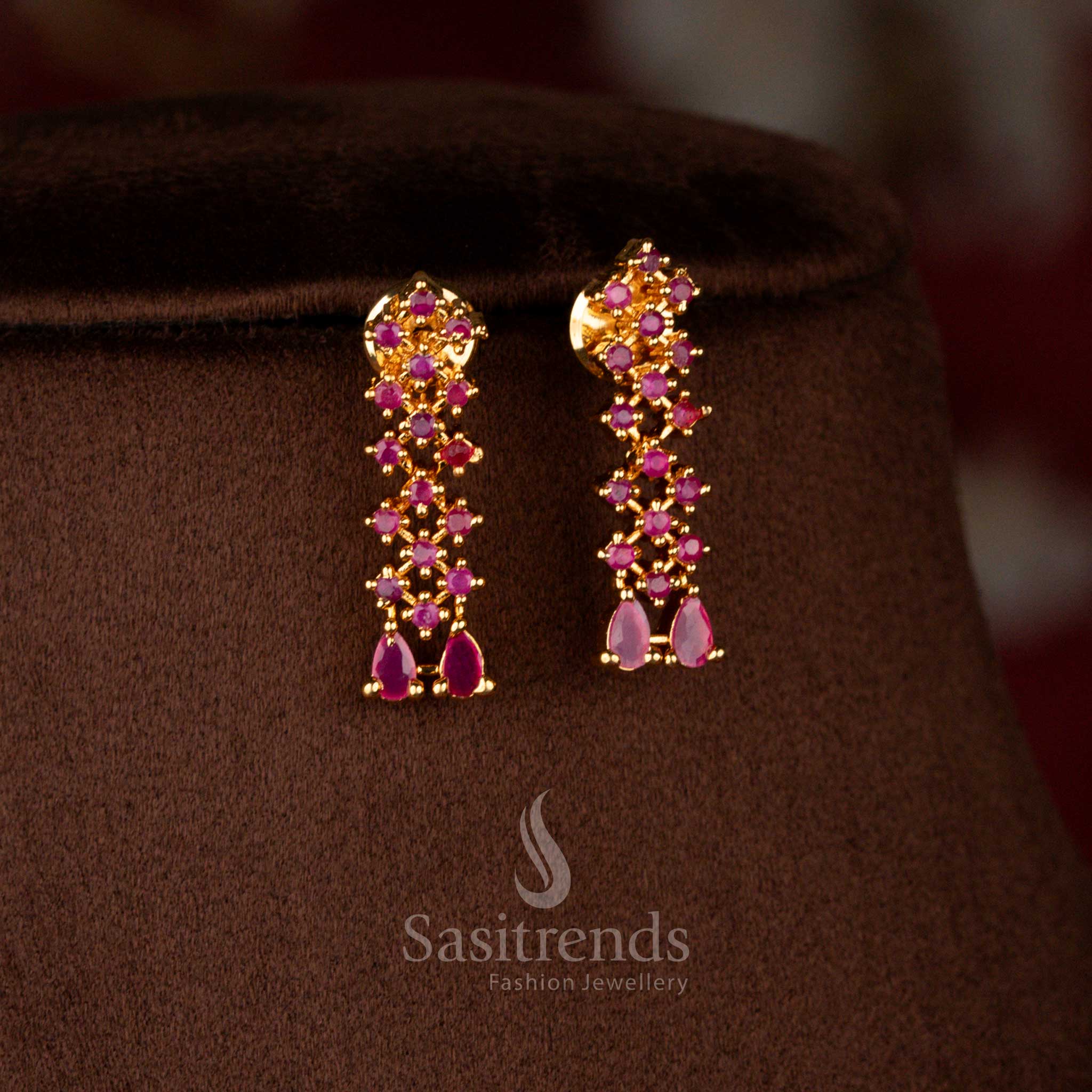 Regal micro gold plated AD floral drop earrings in ruby red, perfectly paired with necklace – Sasitrends