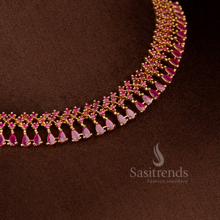Regal micro gold plated AD floral necklace in deep ruby with round and pear cut stones for festive elegance – Sasitrends