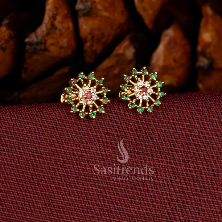 Vibrant micro gold plated earrings in multicolour showcasing snowflake cluster with AD stones and authentic gold-like finish – Sasitrends