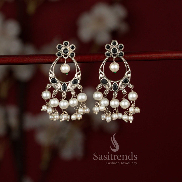 Regal oxidised peacock chandbali earrings featuring black sparkle and pearl hangings perfect for ethnic outfits and festive gatherings – Sasitrends