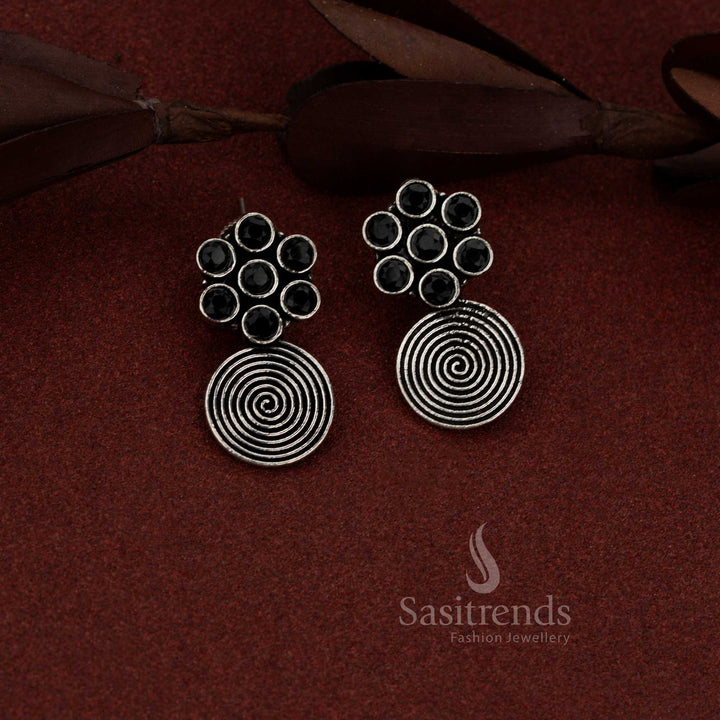 Bold oxidised silver floral spiral dangler earrings in black tone perfect for evening wear and smart casual outfits – Sasitrends