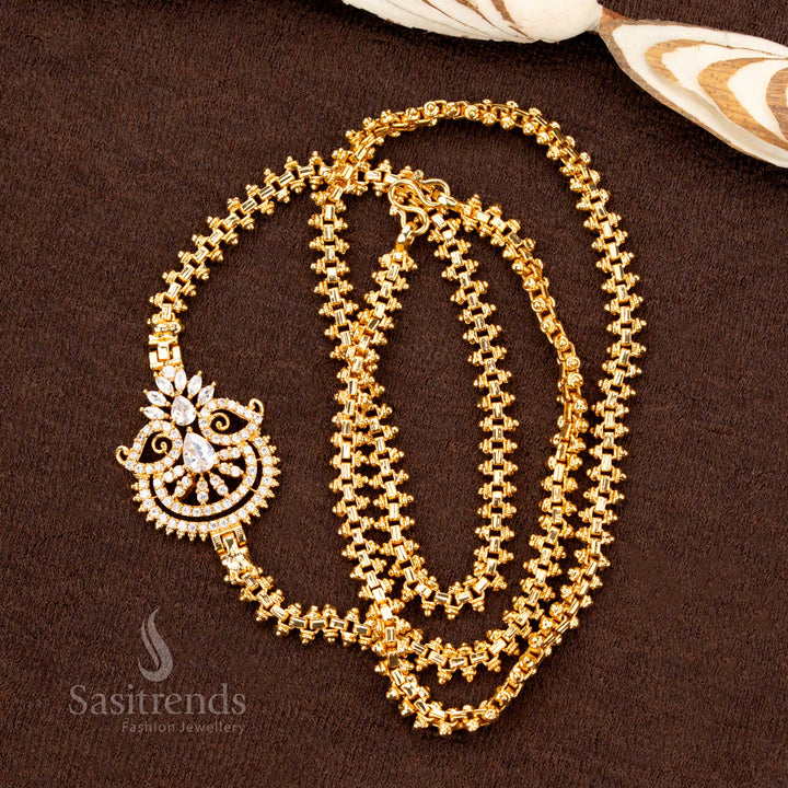 Premium white micro gold plated floral fan Mugappu chain, designed with one gram gold finish, making it a timeless saree jewellery piece - Sasitrends