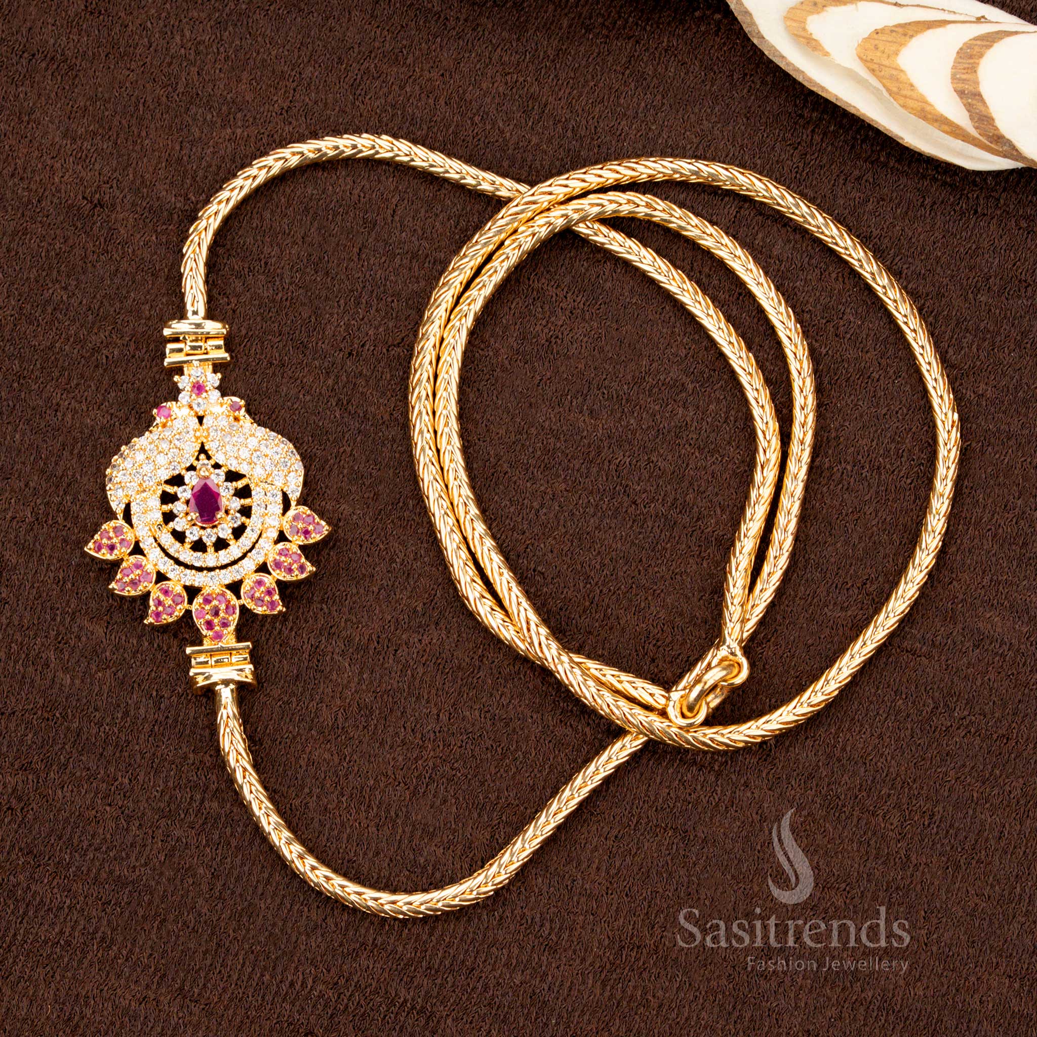Elegant white-ruby double-side Peacock Mugappu chain with micro gold plating, crafted for saree wear, featuring a traditional design with sparkling accents for a graceful look - Sasitrends