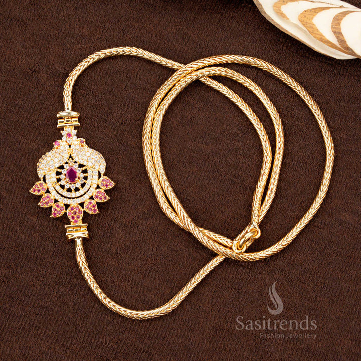 Elegant white-ruby double-side Peacock Mugappu chain with micro gold plating, crafted for saree wear, featuring a traditional design with sparkling accents for a graceful look - Sasitrends
