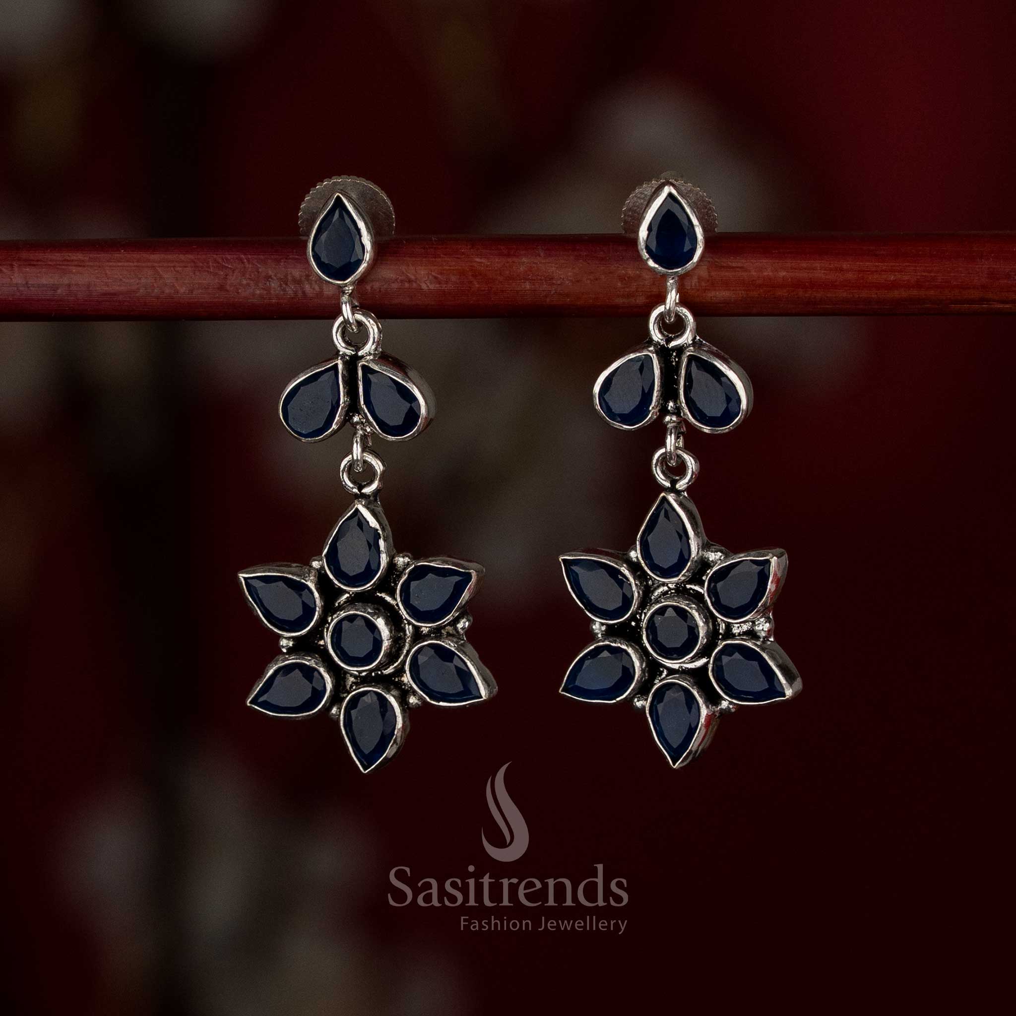 Royal blue oxidised pear-petal earrings for stylish daytime outfits – Sasitrends
