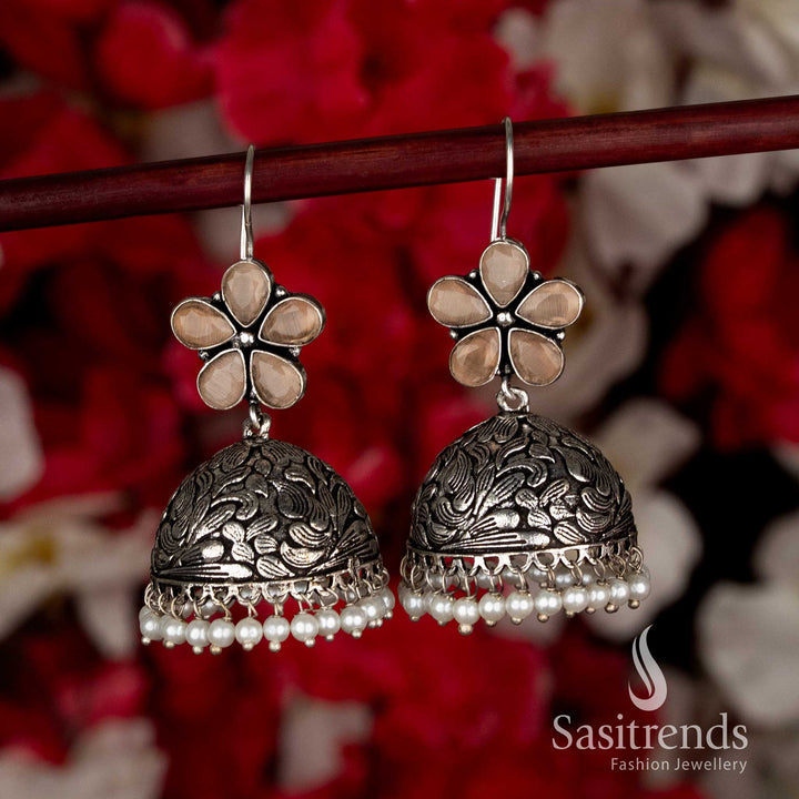 Elegant Brown Party Oxidised Floral Jhumkas with Pearl Drops and Fish-Hook Closure for Black Saree Ethnic Navaratri Styling-Sasitrends