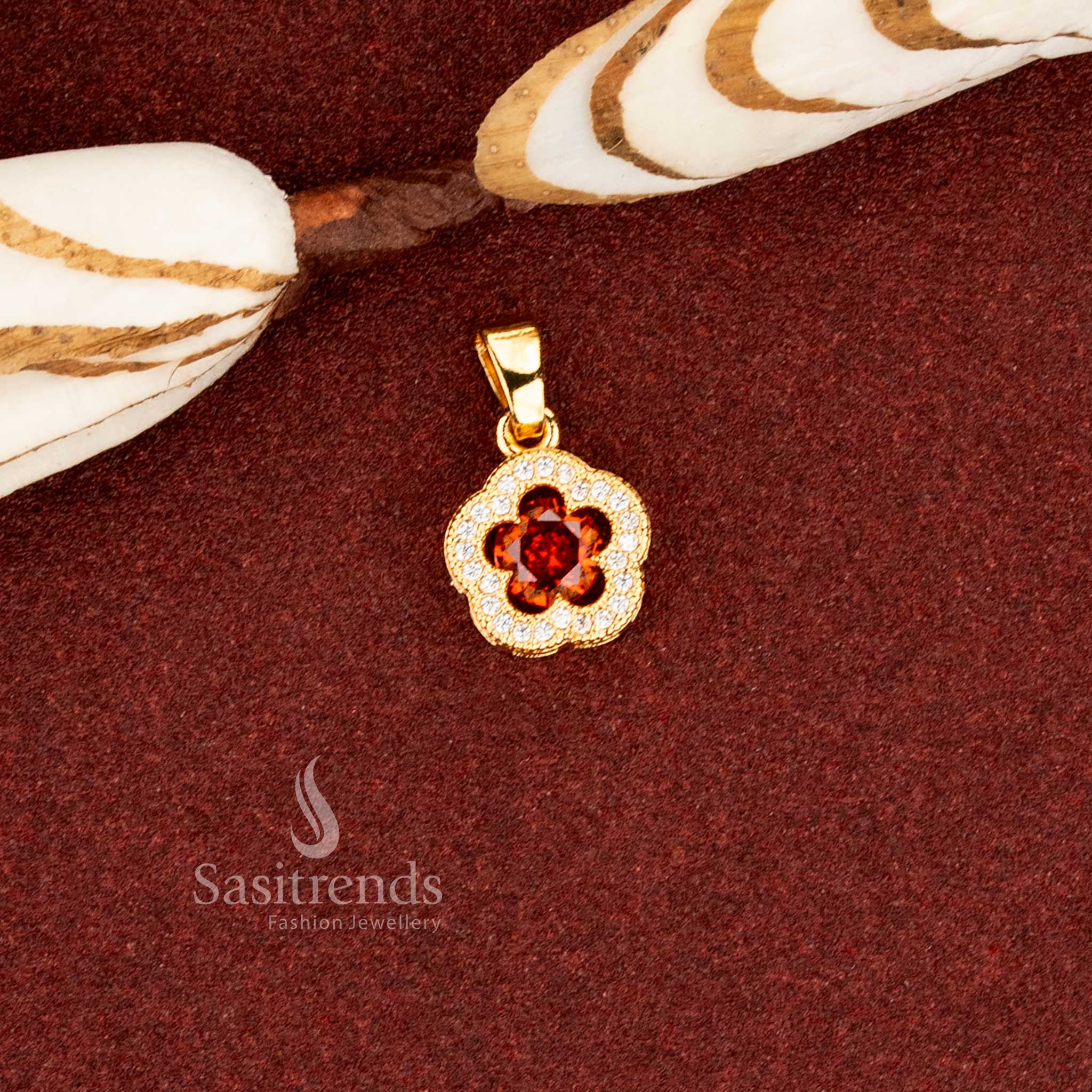 Classic garnet micro gold plated AD scalloped cushion flower pendant for cultural wear – Sasitrends