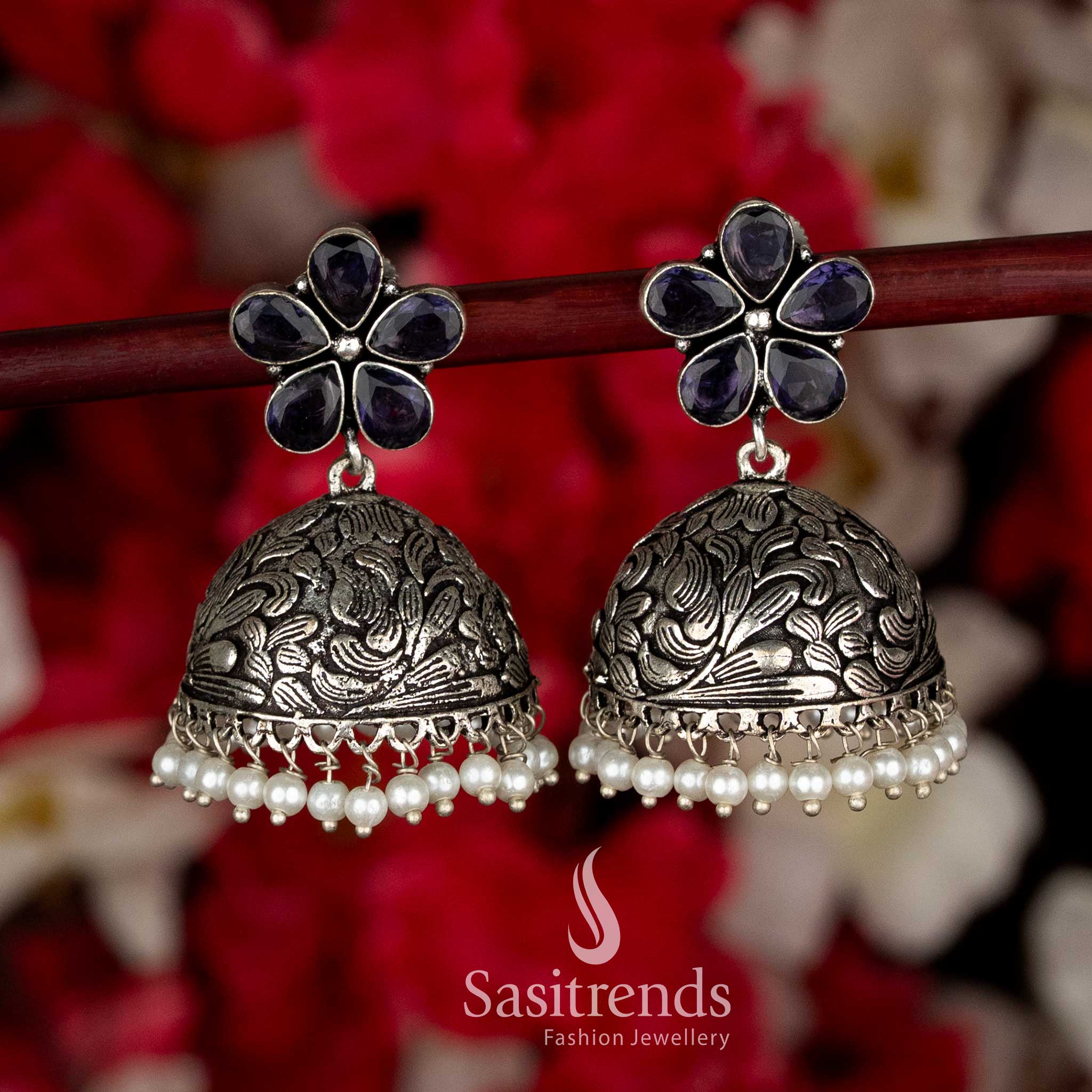 Rich Purple Party Oxidised Floral Jhumka Earrings with Pearl Drops, Ideal for Ethnic Black Saree Navaratri Looks-Sasitrends