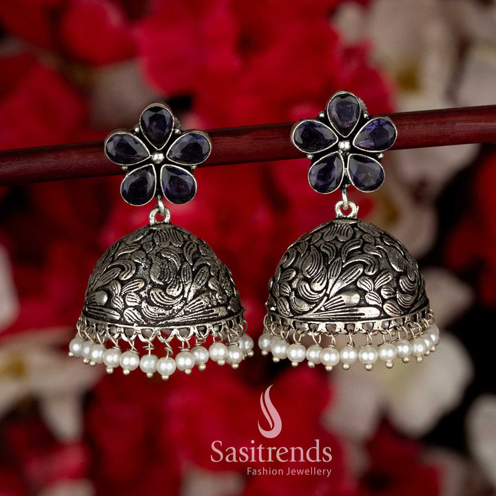 Rich Purple Party Oxidised Floral Jhumka Earrings with Pearl Drops, Ideal for Ethnic Black Saree Navaratri Looks-Sasitrends