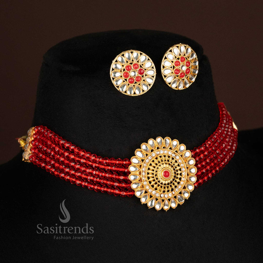 Bold red crystal bead choker necklace with gold plated round kundan pendant and floral stud earrings – fiery tradition jewellery by sasitrends