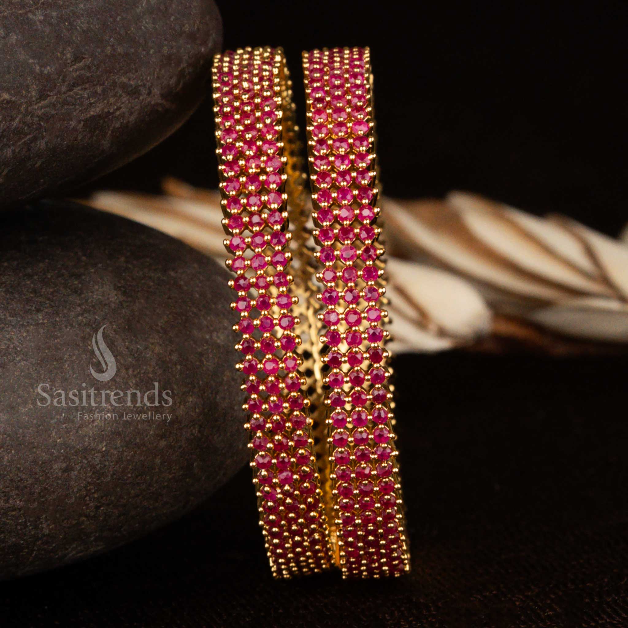 Royal ruby American Diamond triple-line bangles in micro gold with dazzling detail and a touch of heritage charm – 1-year guaranteed traditional jewellery from sasitrends