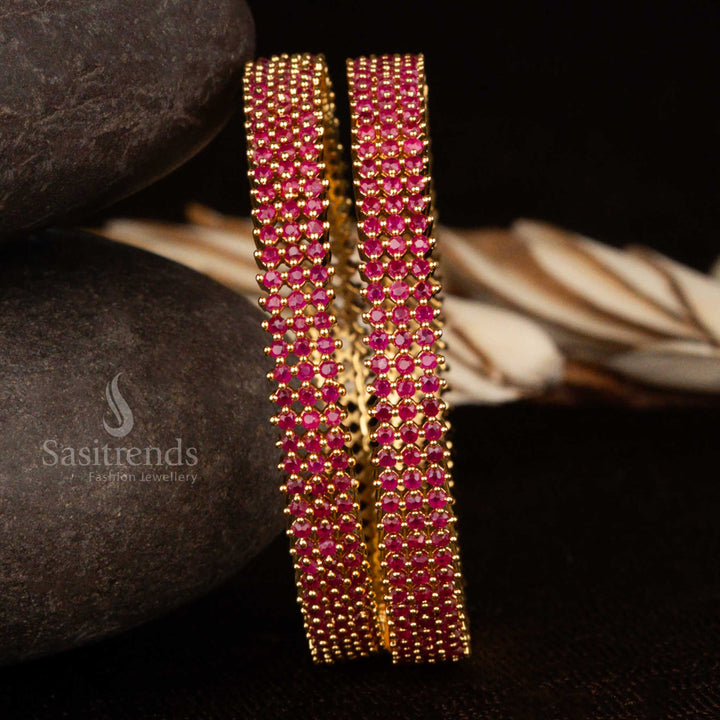 Royal ruby American Diamond triple-line bangles in micro gold with dazzling detail and a touch of heritage charm – 1-year guaranteed traditional jewellery from sasitrends