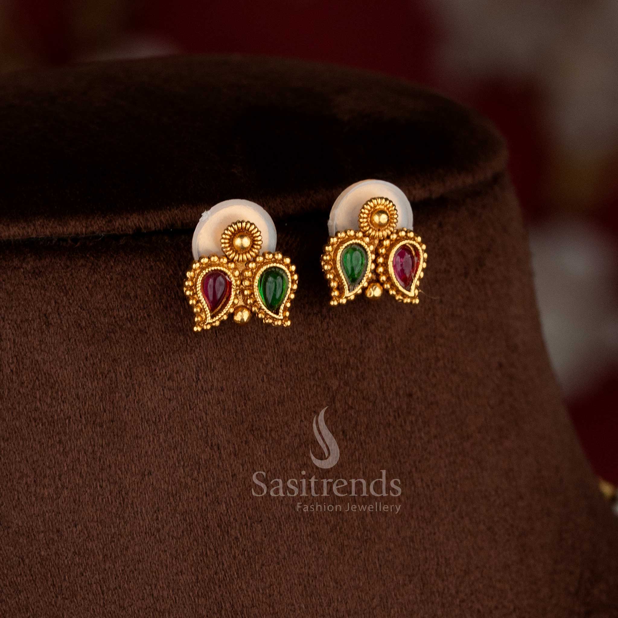 Charming classic matte gold plated ruby-green hanging stone earrings for festive styling – Sasitrends