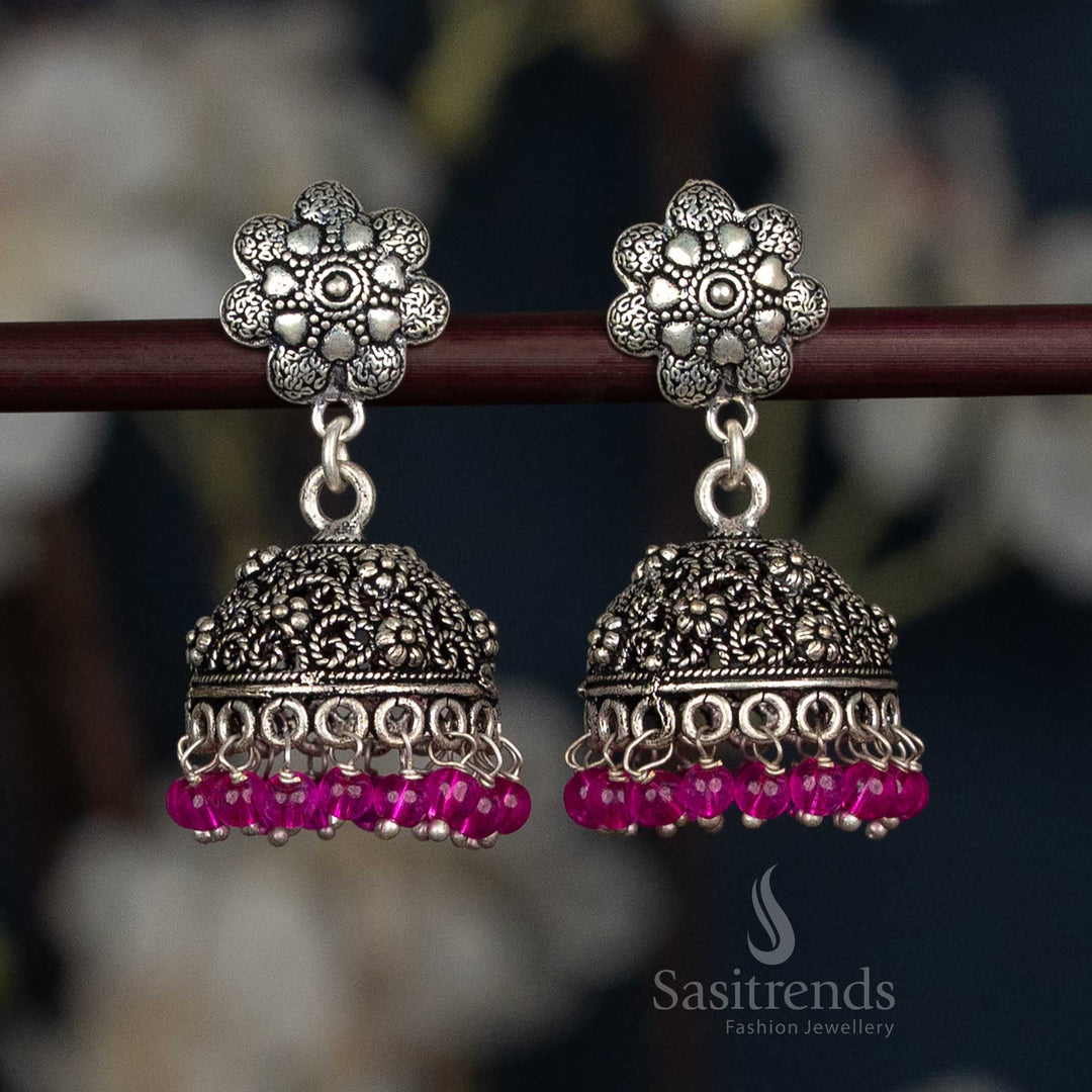 Pretty Oxidised Silver Floral Jhumka Earrings With Engraved Details And Pink Bead Fringe, A Graceful Choice For Festive Days And Casual Ethnic Ensembles – Sasitrends