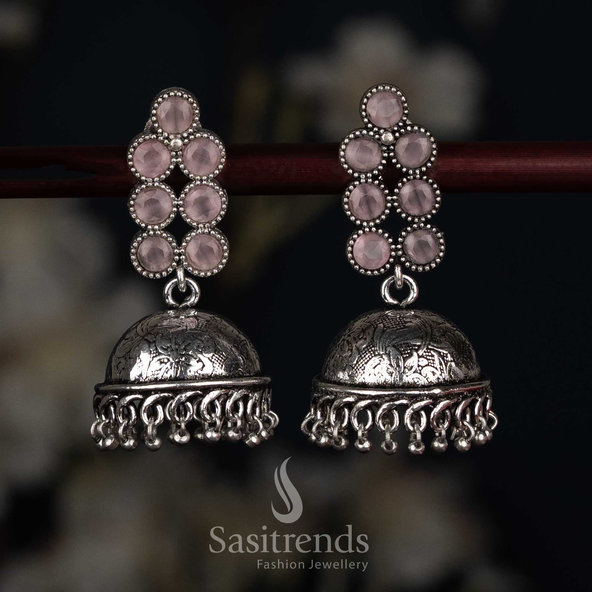 Lovely oxidised round stone jhumka earrings pink colour for festive gatherings Sasitrends