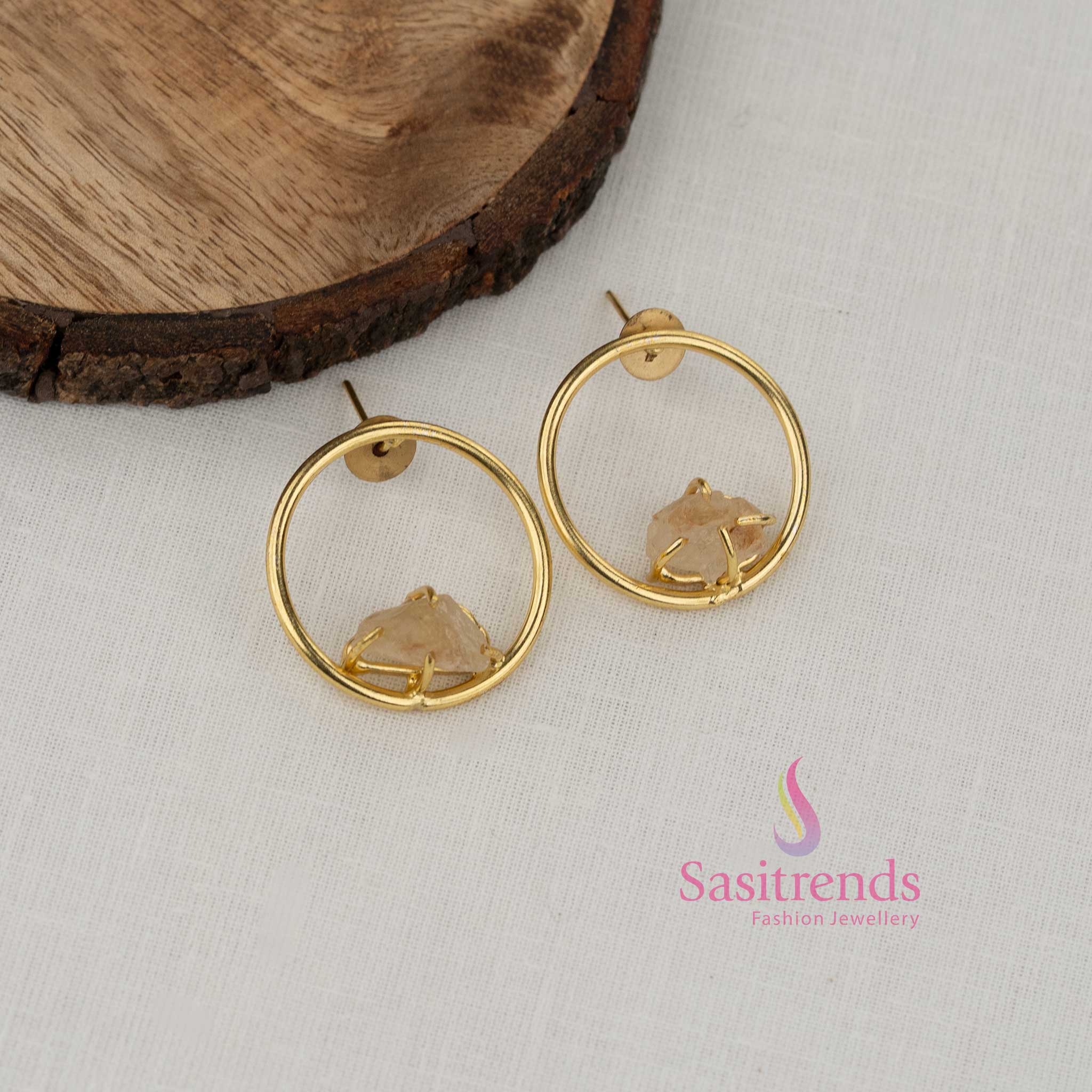 Delicate peach round natural stone gold plated earrings offering minimal elegance for professional dressing ethnic outfits and everyday wear - Sasitrends