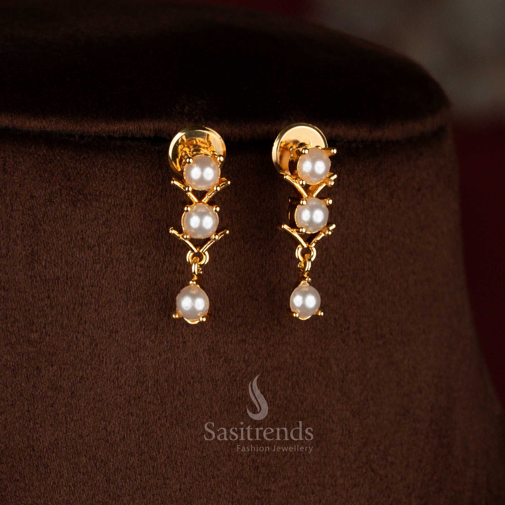 Graceful pearl micro gold plated American diamond V-cut earrings ideal for elegant night wear occasions – Sasitrends