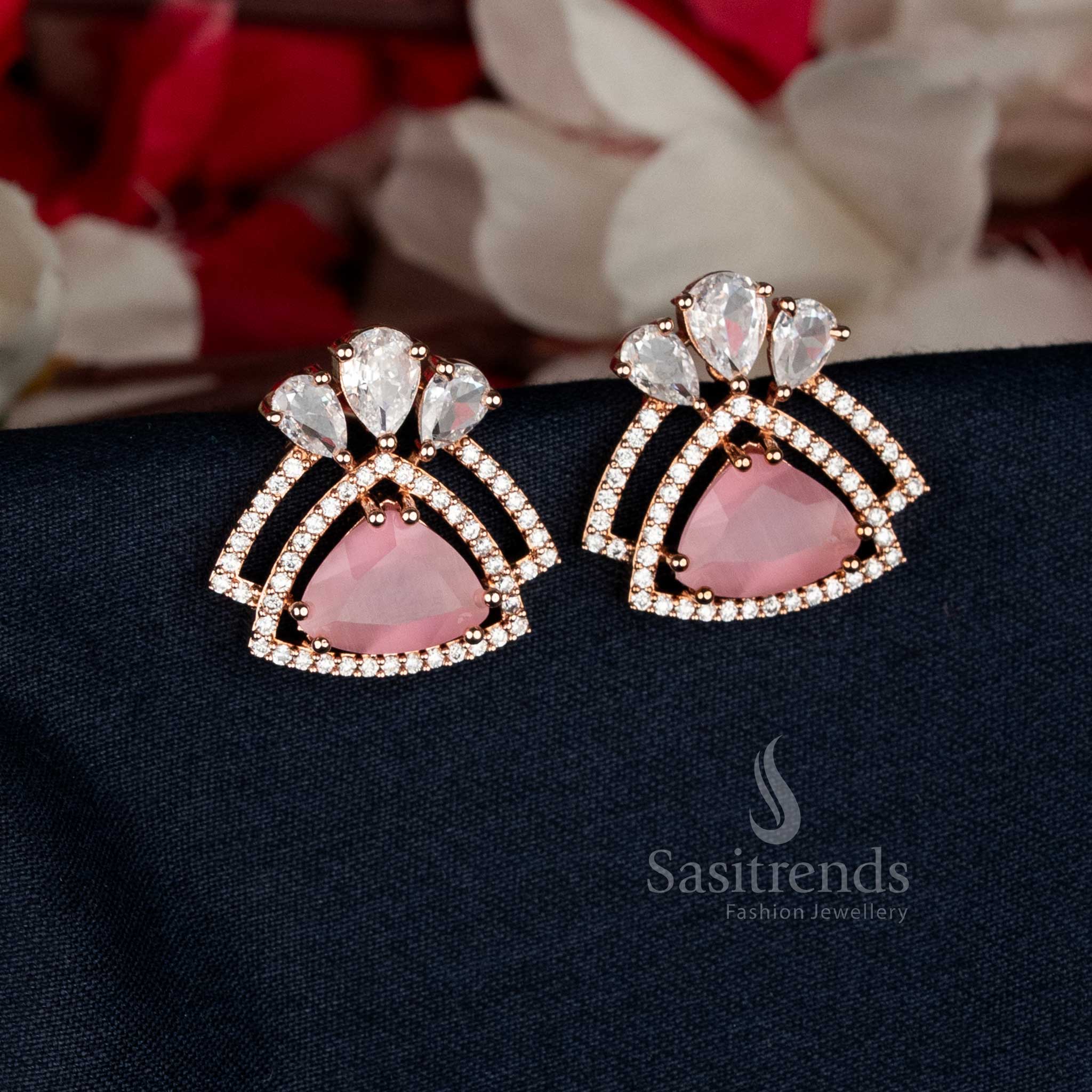 Blushing Pink Rose Gold Triangle AD Stone Earrings with glossy finish, designed to complement modern evening attire and celebrations — Sasitrends