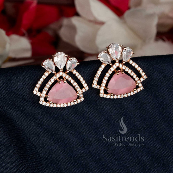 Blushing Pink Rose Gold Triangle AD Stone Earrings with glossy finish, designed to complement modern evening attire and celebrations — Sasitrends