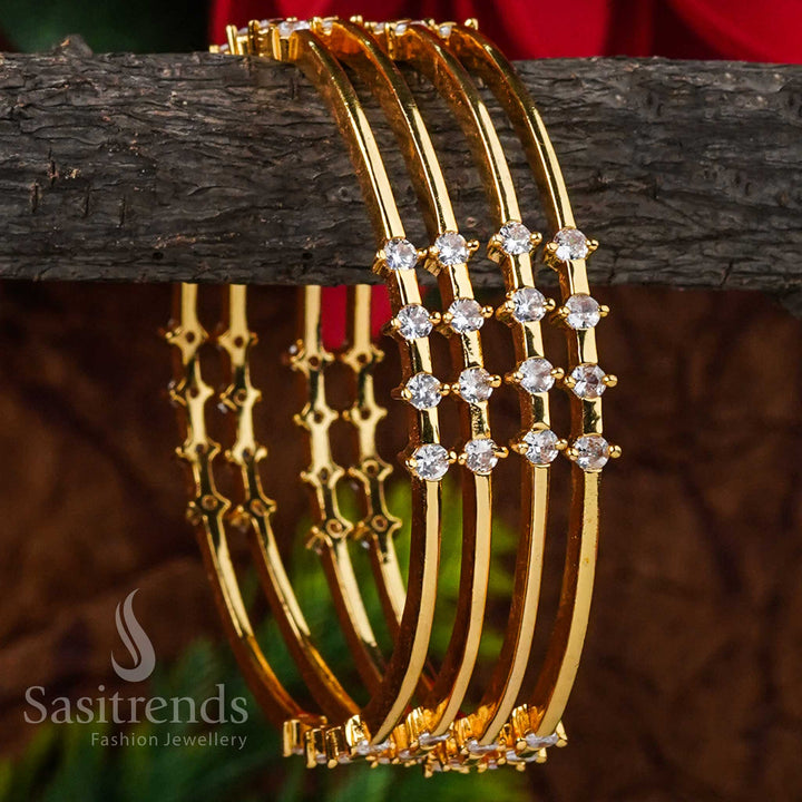 New Thin Micro Gold Plated Bangles Set with American Diamond Stones - Traditional and Trendy | Sasitrends