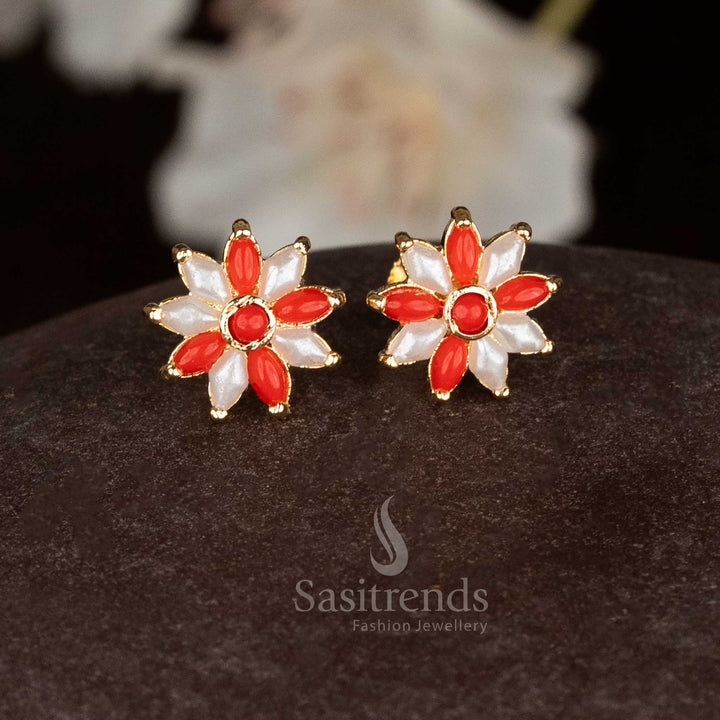 Shimmering micro gold daisy floral screw studs with dual Pearl Pavalam stone details for traditional occasions - Sasitrends