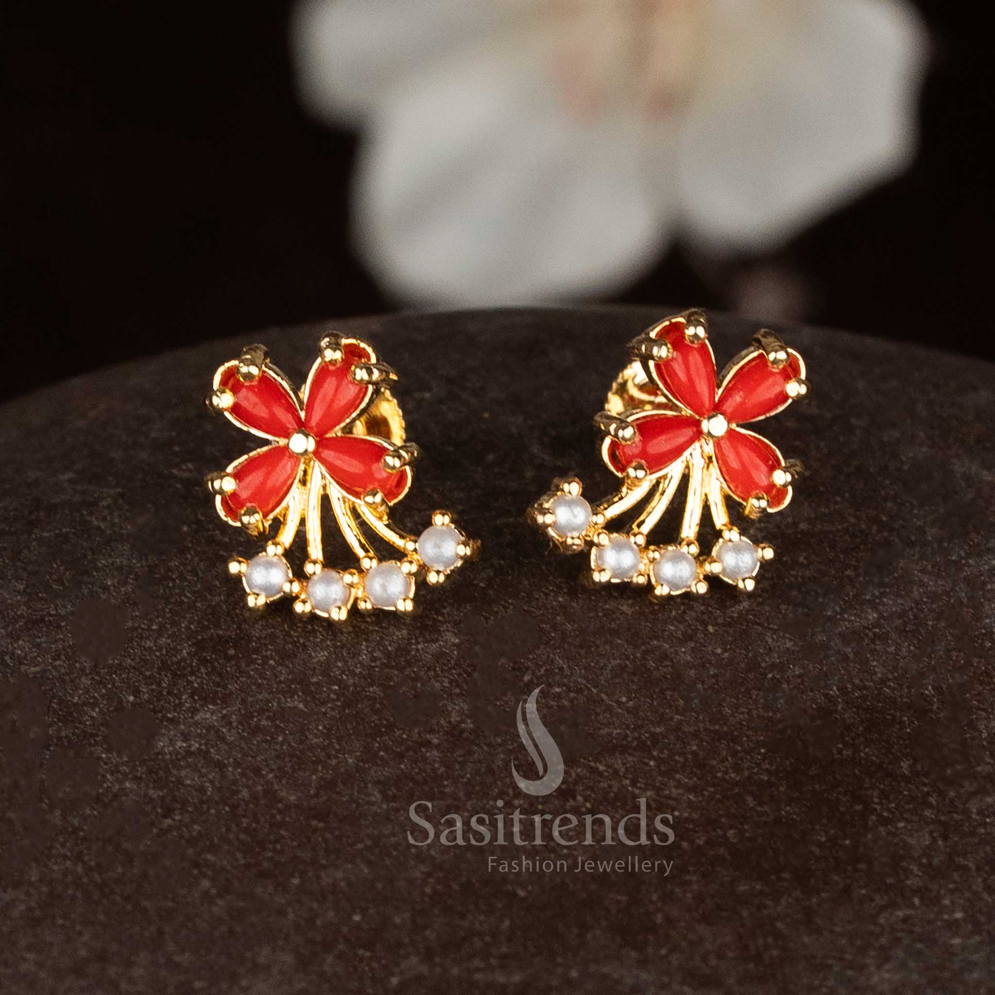 Radiant micro gold butterfly design stud earrings with Pearl Pavalam combination for ethnic celebrations - Sasitrends