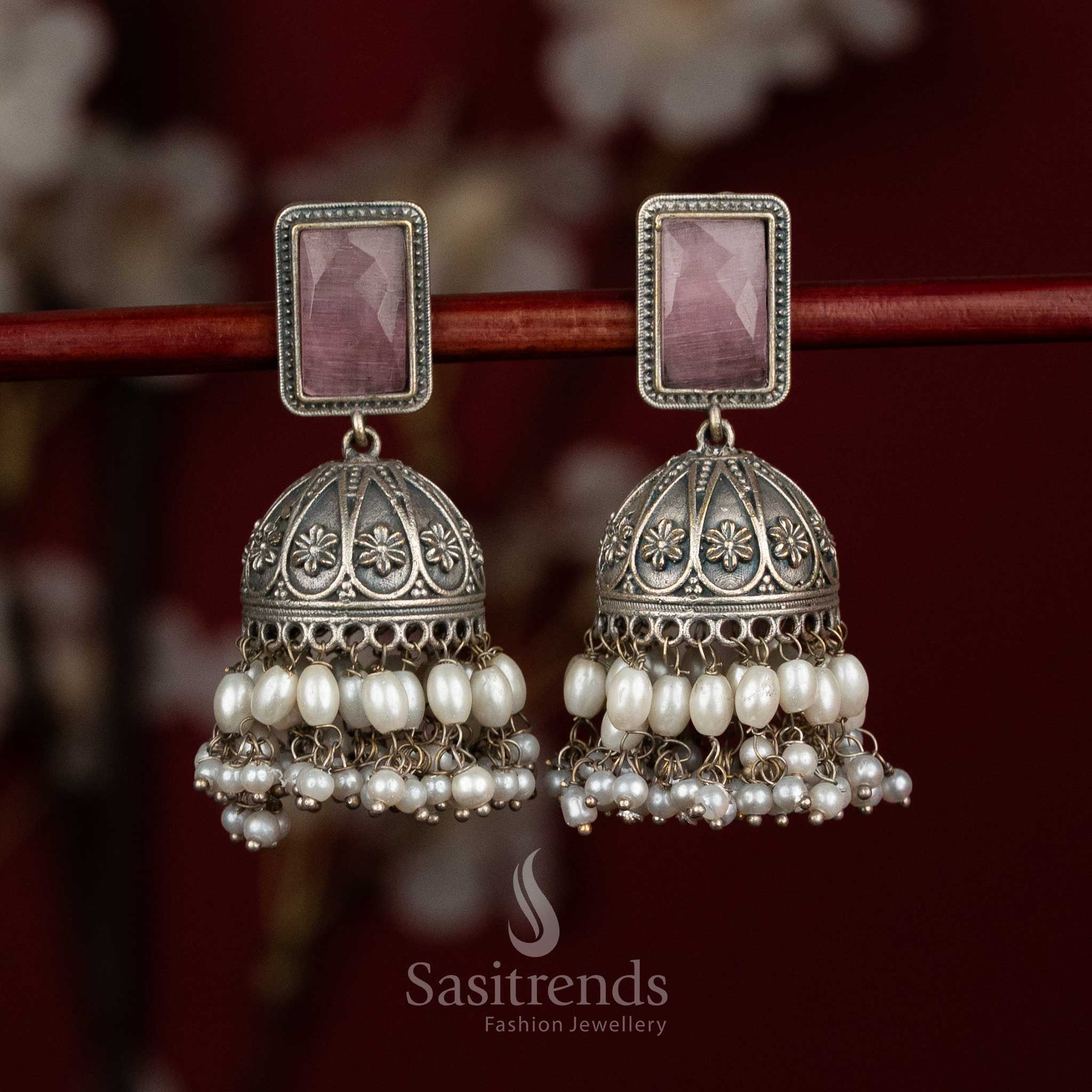 Rose delight antique oxidised 92.5 silver rectangular stud floral dome jhumka earrings with monalisa stones and rice pearls for party elegance - jewellery - Sasitrends