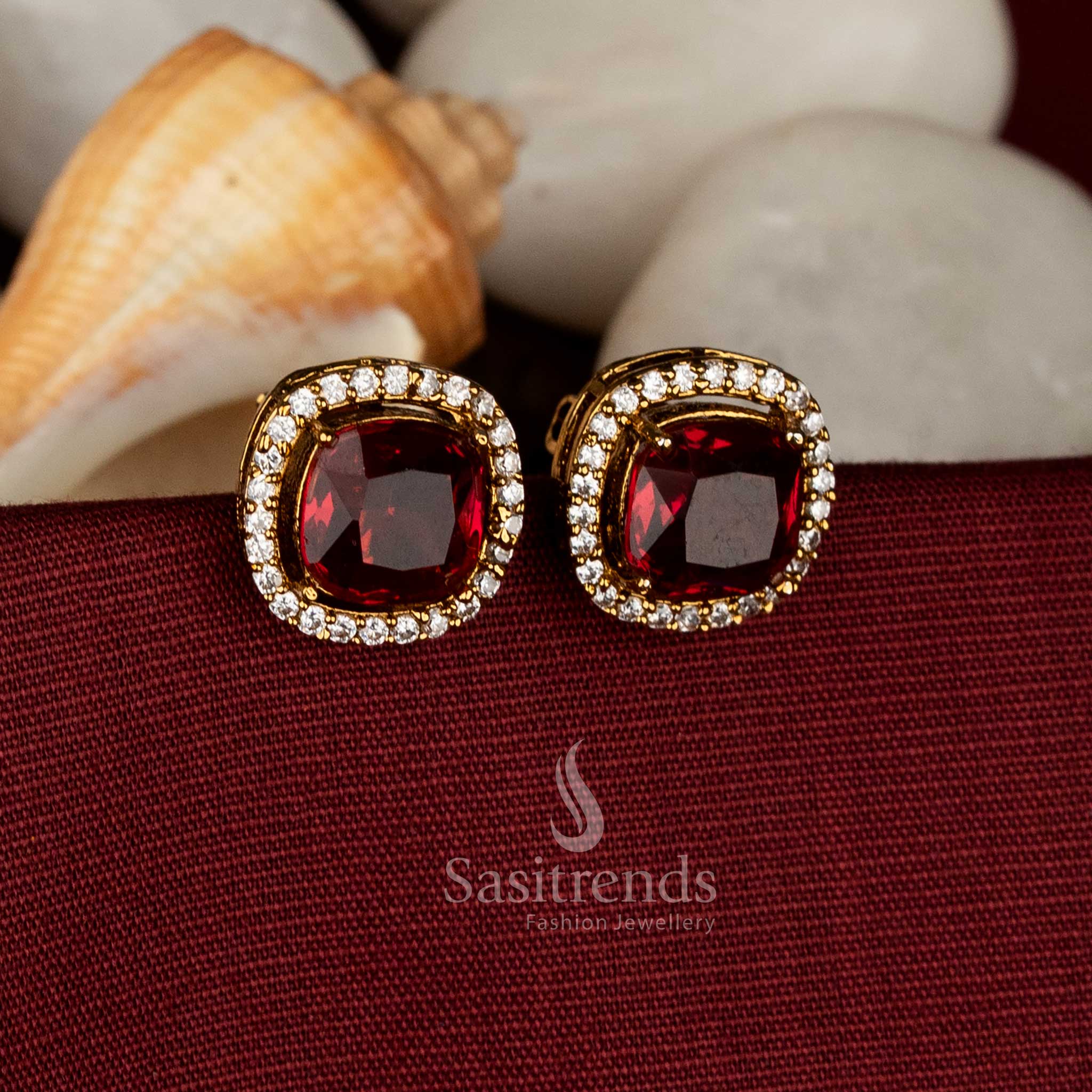 Crimson glory Victorian square AD stone stud earrings in red, perfect for wedding functions and festive celebrations – Sasitrends