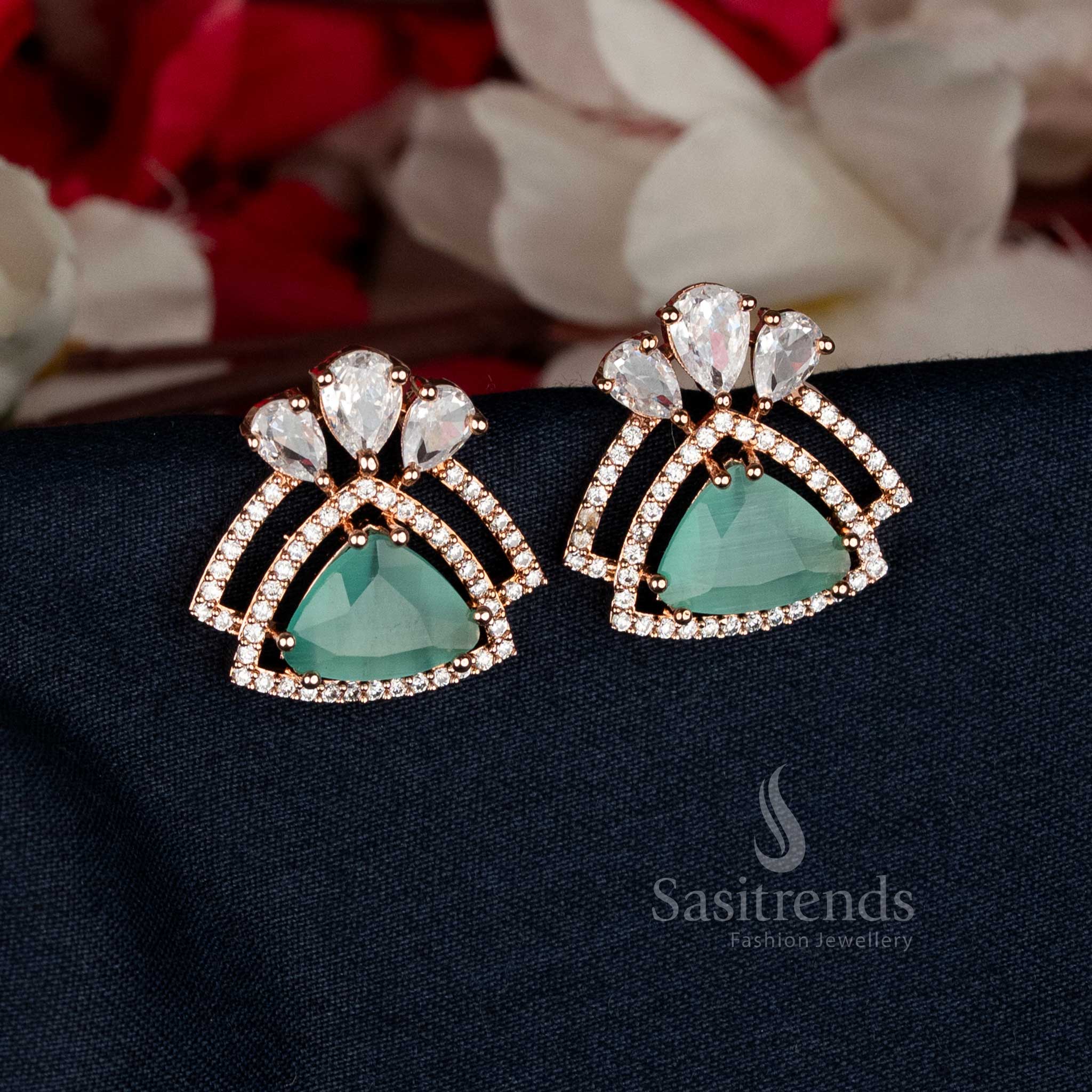 Vibrant Rose Gold Plated Triangular AD Earrings with mint stone accents, perfect for modern festive celebrations — Sasitrends