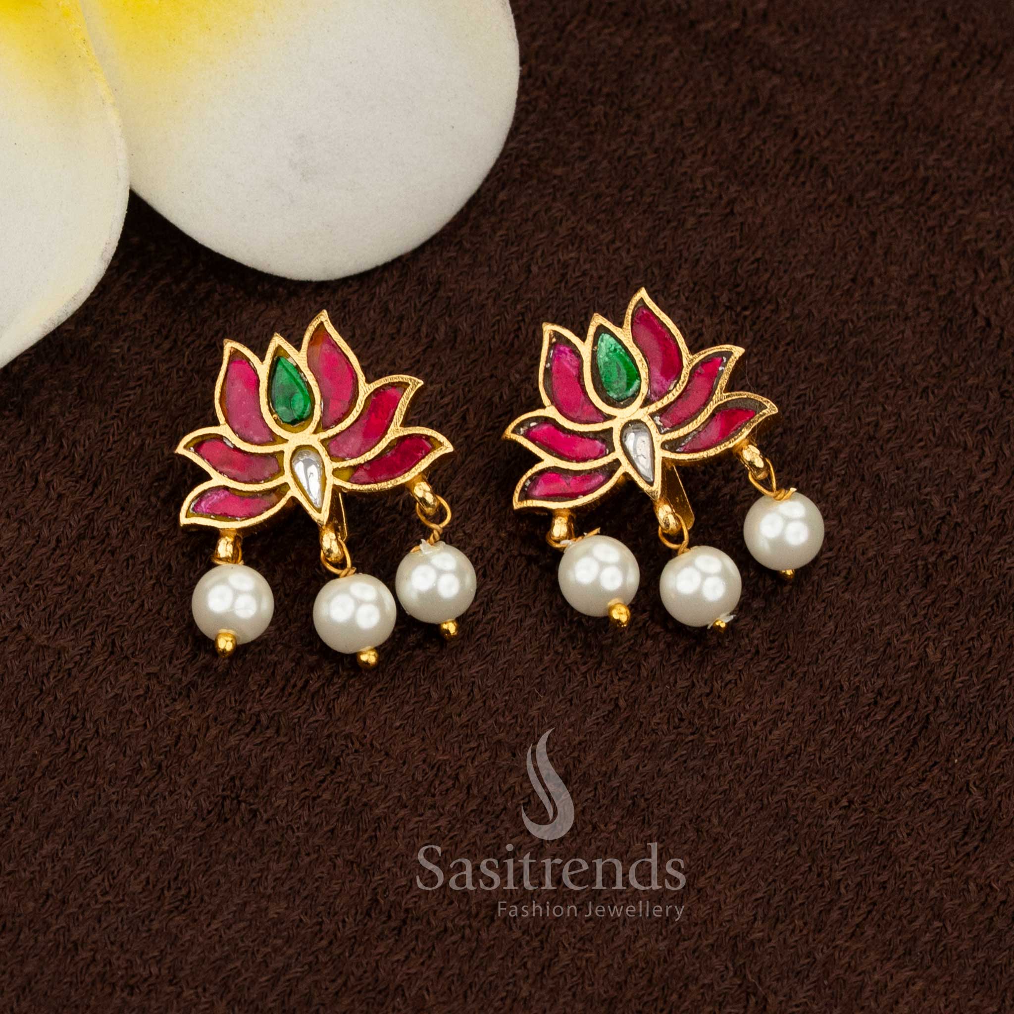 Vibrant multi 24K Jadau gold plated lotus Kundan pearl bugadi ear cuff earrings perfect for festive ethnic occasions - Sasitrends