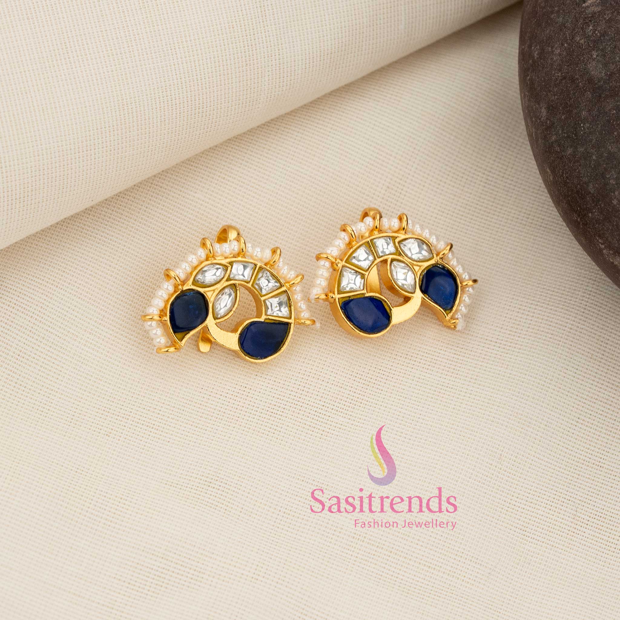 Serene white-blue peacock-face crescent Kundan bugadi earcuff with pearl fringe for calm South Indian heritage and festive jewellery styling – Sasitrends