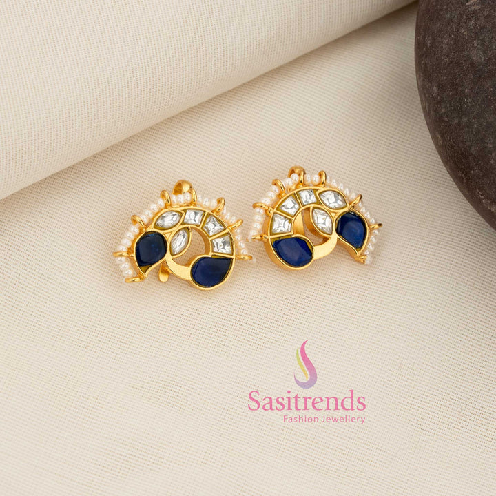 Serene white-blue peacock-face crescent Kundan bugadi earcuff with pearl fringe for calm South Indian heritage and festive jewellery styling – Sasitrends