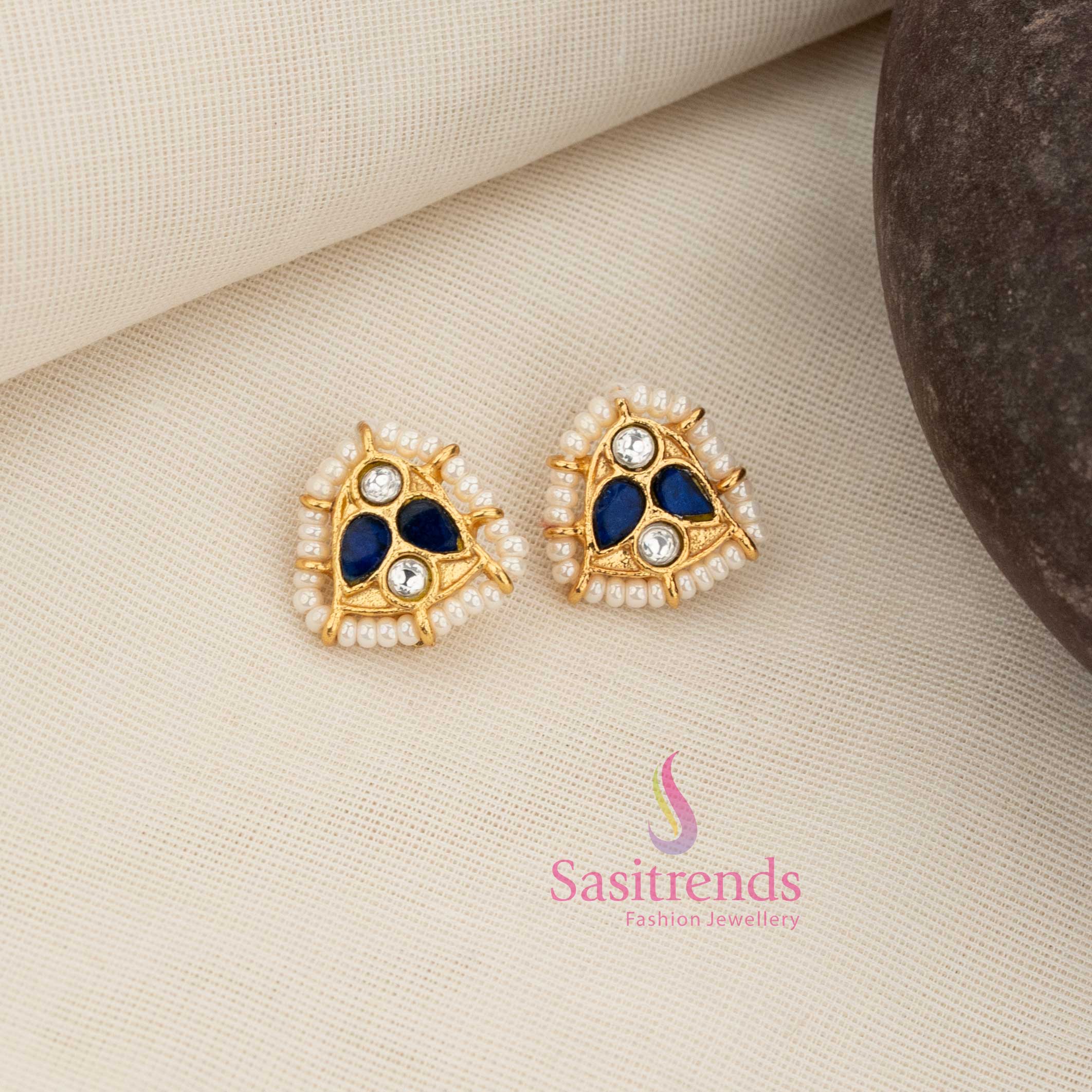 Serene white-blue Kundan triangle stud bugadi earcuff with pearl border for calm South Indian temple-inspired traditional and festive jewellery – Sasitrends